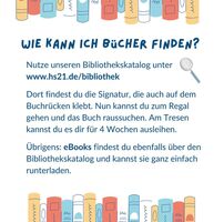 Grafik mit Erklärung, dass Bücher im Biblothekskatalog unter www.hs21.de/bibliothek zu finden sind