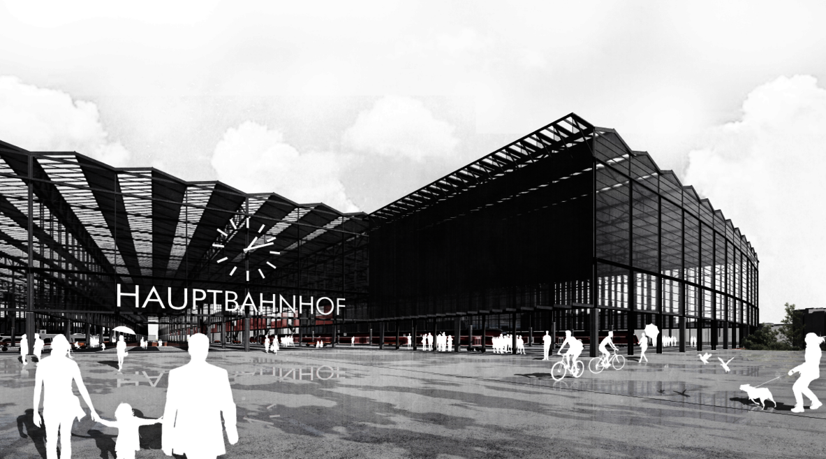 Entwurf zur Frontansicht des Hamburger Hauptbahnhofs mit einem großen Vorplatz und einer Front aus Stahlträgern, Glas, einer Uhr und der Aufschrift Hauptbahnhof.