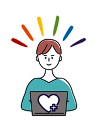 Logo von DiversiOn mit einer gezeichneten Frau vor einem Laptop, auf dessen Rückseite ein Herz mit einem Plus angebracht ist. Über ihrem Kopf stehen regenbogenfarbene Strahlen.