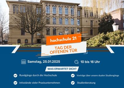 Info-Plakat für den Tag der offenen Tür an der hochschule 21 am Samstag, 25.01.2025, von 10 bis 16 Uhr